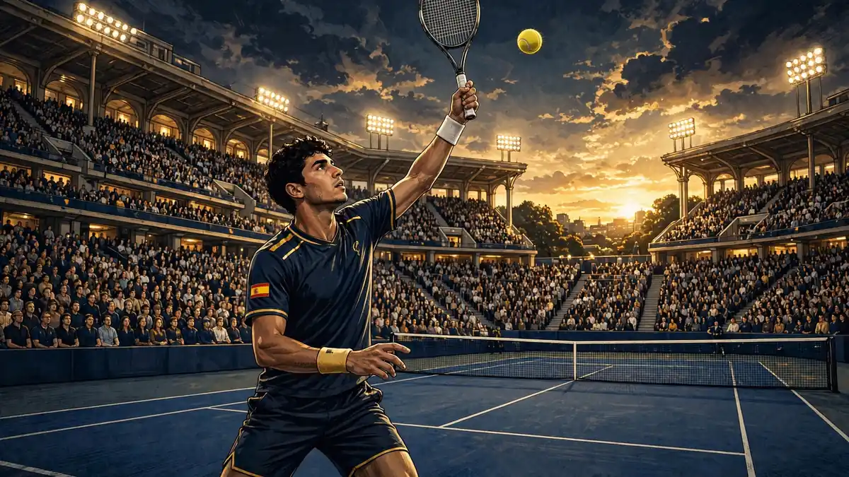 Illustrated tennis player serving on a packed stadium court at sunset