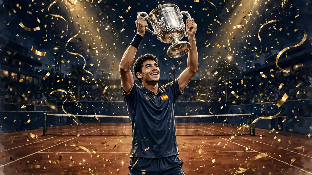 Illustrated tennis player lifting a large trophy on a clay court under golden confetti