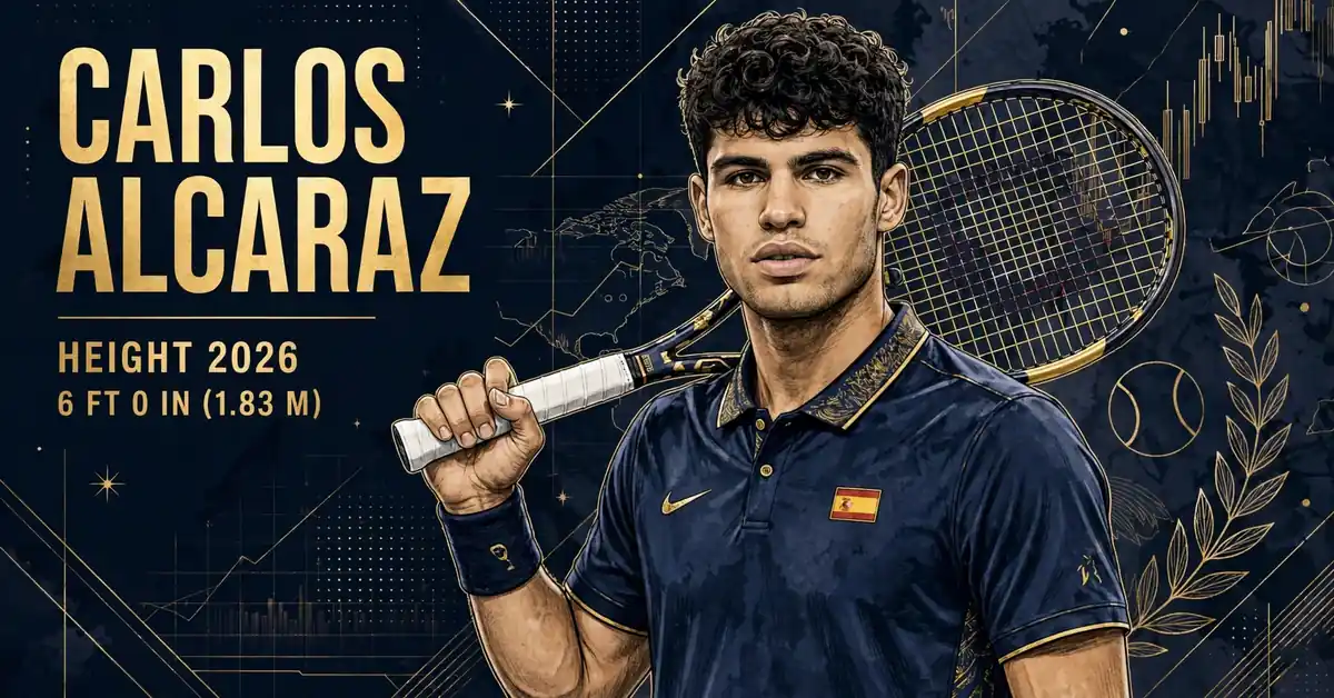 Carlos Alcaraz height 2026 — stylized illustrated portrait of the tennis player holding a racket, CARLOS ALCARAZ HEIGHT 2026 6 FT 0 IN (1.83 M) text