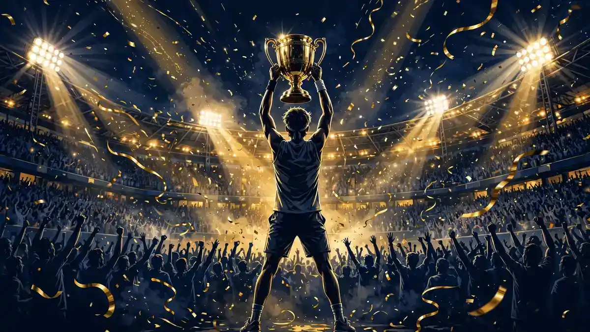 Tennis player lifting a golden trophy under stadium floodlights at night — the career Grand Slam moment