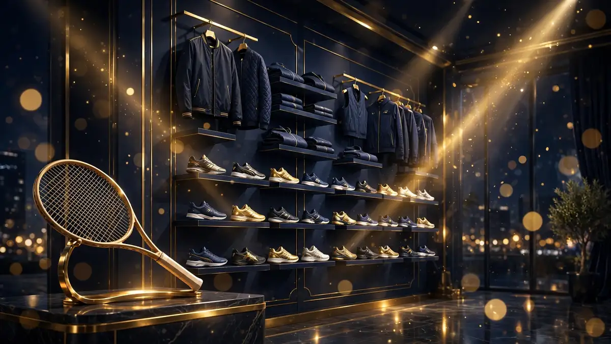 Luxury tennis sneaker and apparel display wall at night — the Nike endorsement world of Carlos Alcaraz