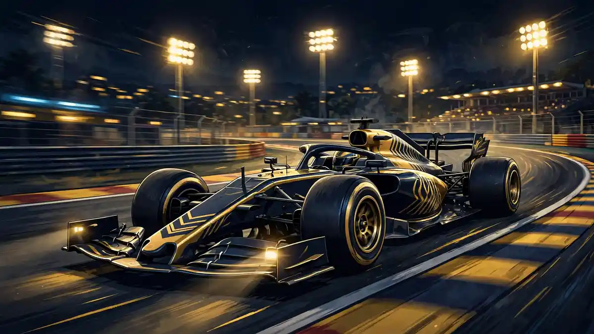 Illustrated Formula 1 race car in dark navy and gold livery speeding around a floodlit night circuit