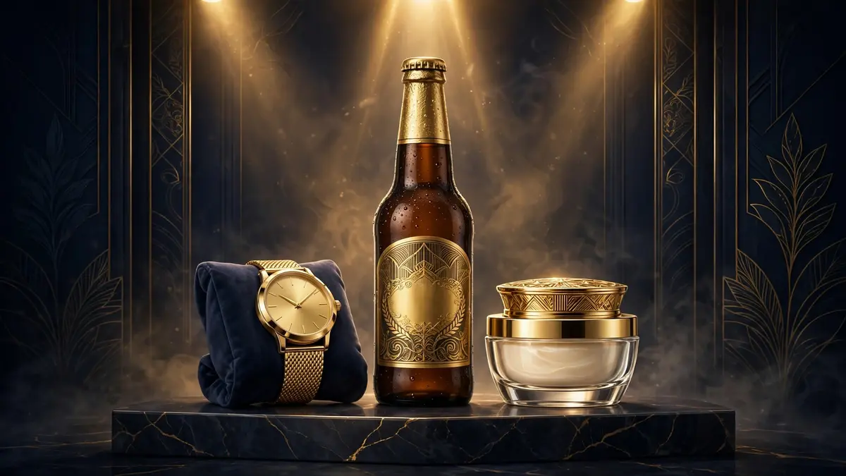 Illustrated luxury endorsement products — watch, Spanish beer bottle and cosmetics — on a dark gold-lit podium
