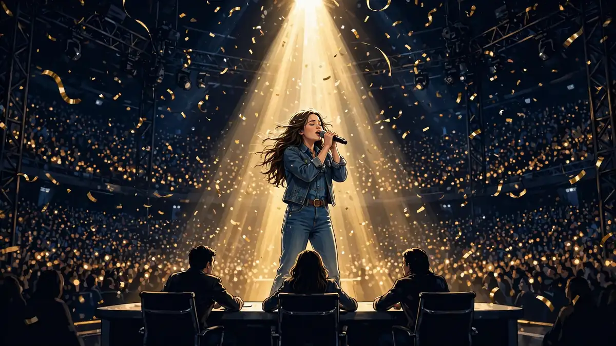 Illustrated American Idol talent show stage with a young country singer performing under a spotlight