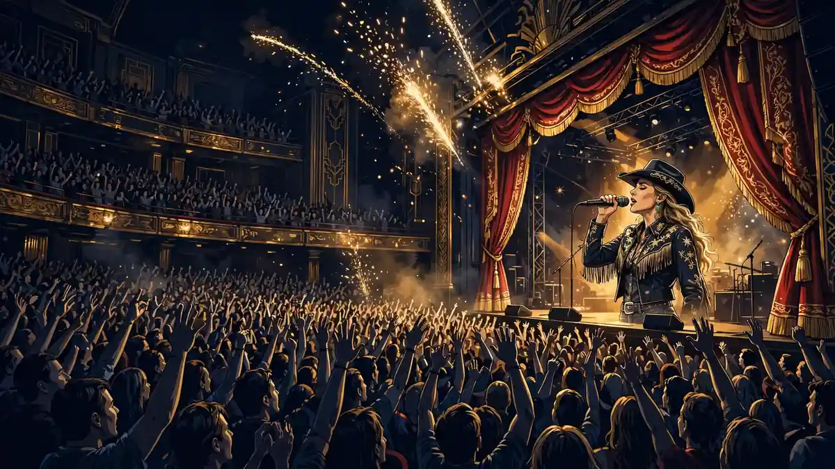 Illustrated Las Vegas residency theater stage with a country singer performing for a packed crowd