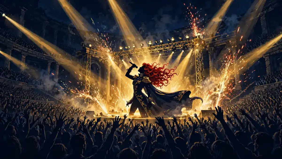 Illustrated night-time amphitheater concert with a red-haired pop star performing on a golden-lit stage, tied to Chappell Roan's 2026 tour