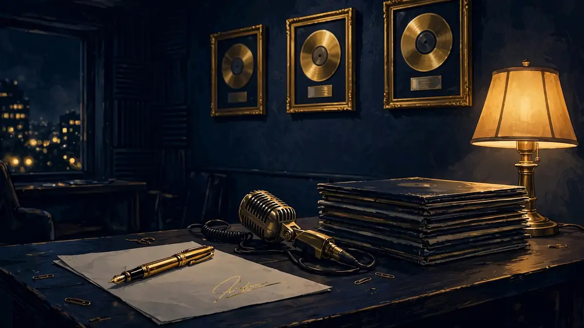 Illustrated recording-studio desk at night with a signed music contract, gold records and vintage microphone, tied to Chappell Roan's masters ownership