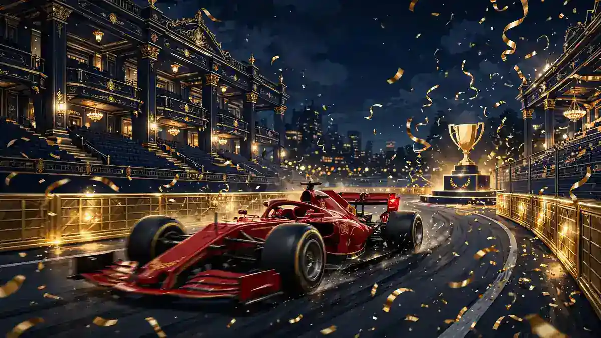 Illustrated night-time Formula 1 street circuit scene with a red race car, gold-lit barriers and podium confetti — Charles Leclerc's 2026 racing season