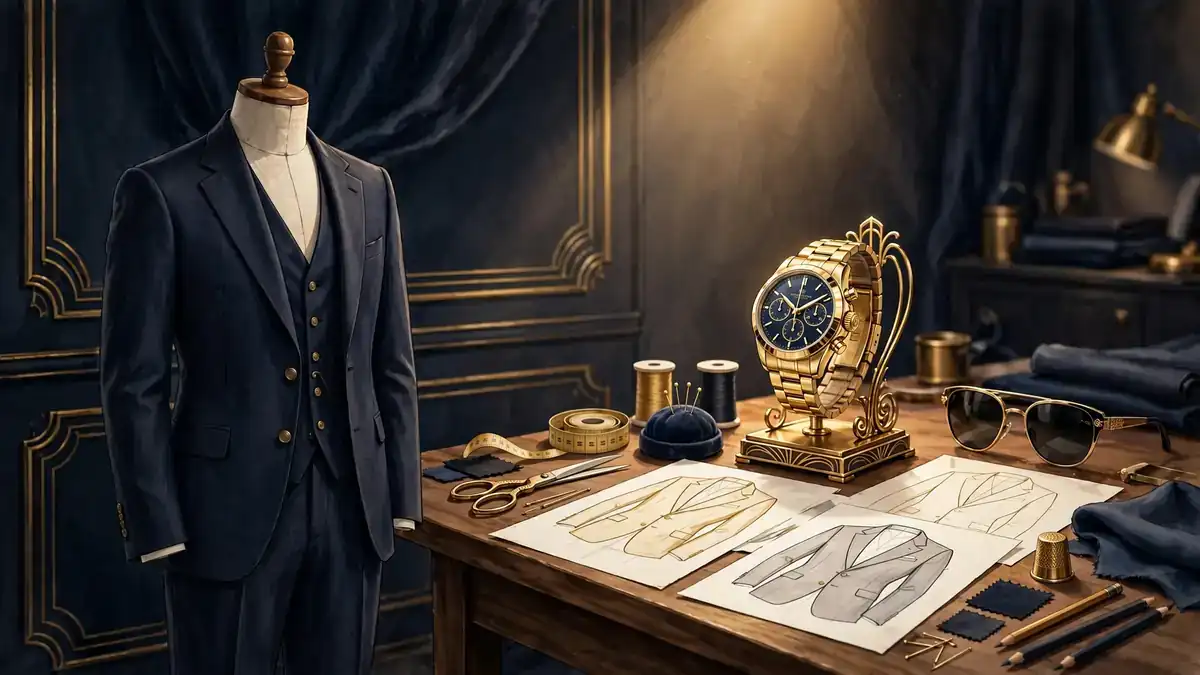 Illustrated luxury fashion atelier with a tailored suit, chronograph watch and sunglasses — Charles Leclerc's endorsement world of Armani, Richard Mille and Puma