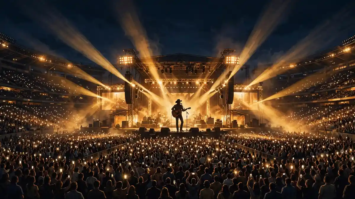 Illustrated Chris Stapleton stadium concert at night with a huge crowd