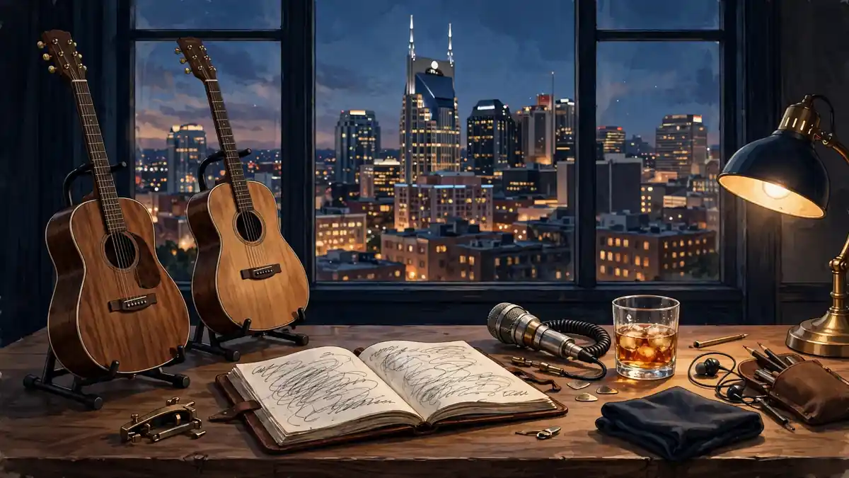 Illustrated Nashville songwriting studio with guitars and lyric notebooks