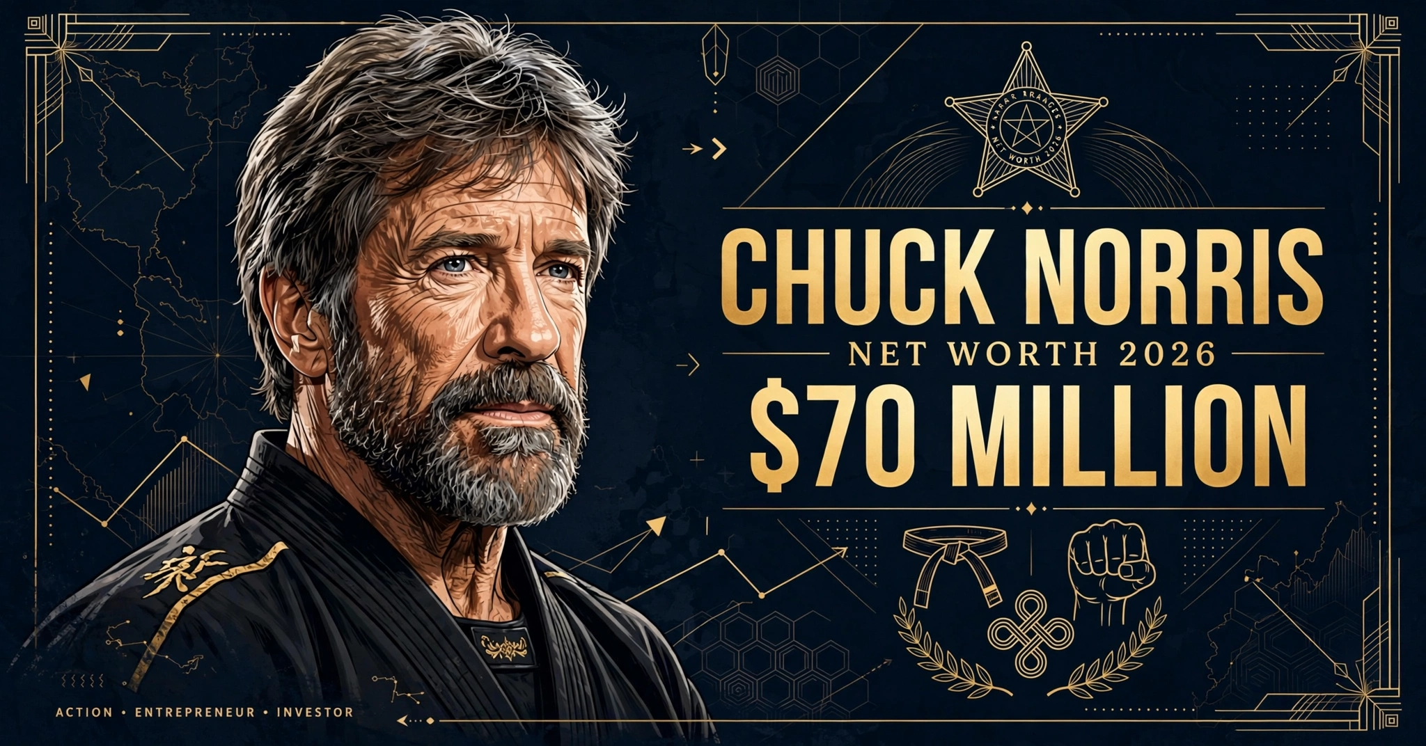 Chuck Norris net worth 2026 — estimated $70 million fortune infographic