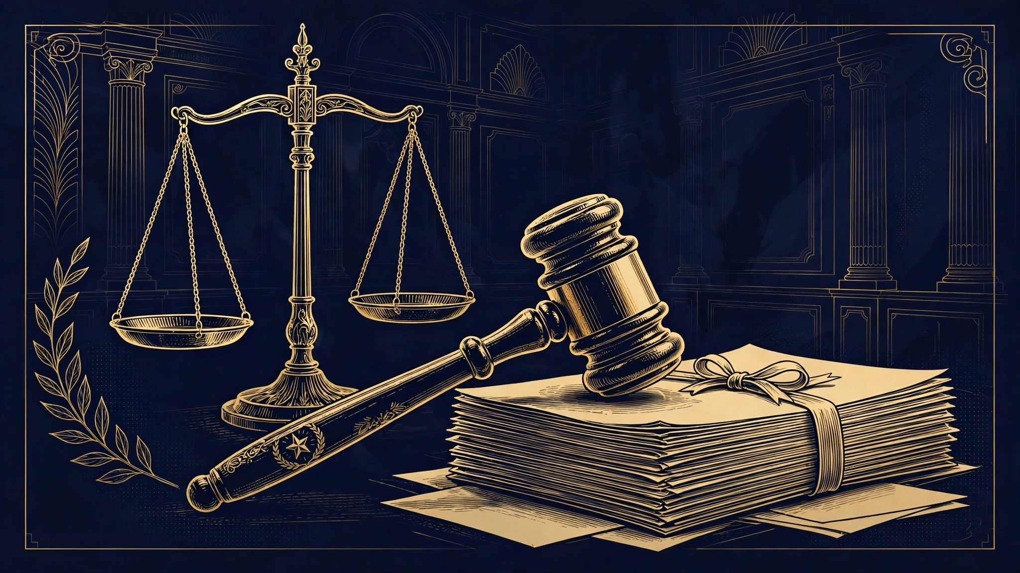 Illustrated courtroom scene with gavel and legal scales in navy and gold, representing Chuck Norris's profit-participation lawsuit over Walker, Texas Ranger