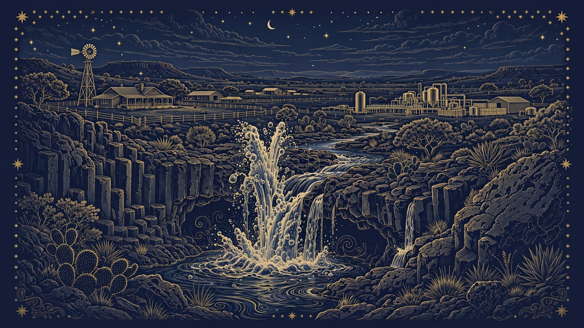 Illustrated Texas ranch at dusk with an artesian spring welling from volcanic rock, navy and gold style, representing Chuck Norris's CForce bottled water business at Lone Wolf Ranch