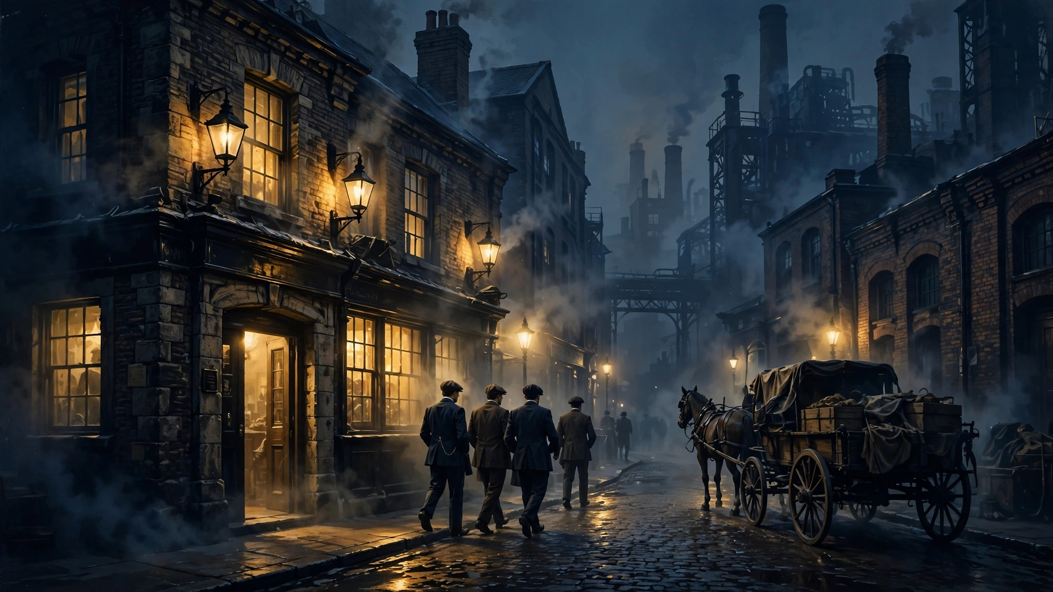 Illustrated 1920s Birmingham street scene in navy and gold, with figures in flat caps outside a smoky industrial-era pub, evoking the Peaky Blinders world