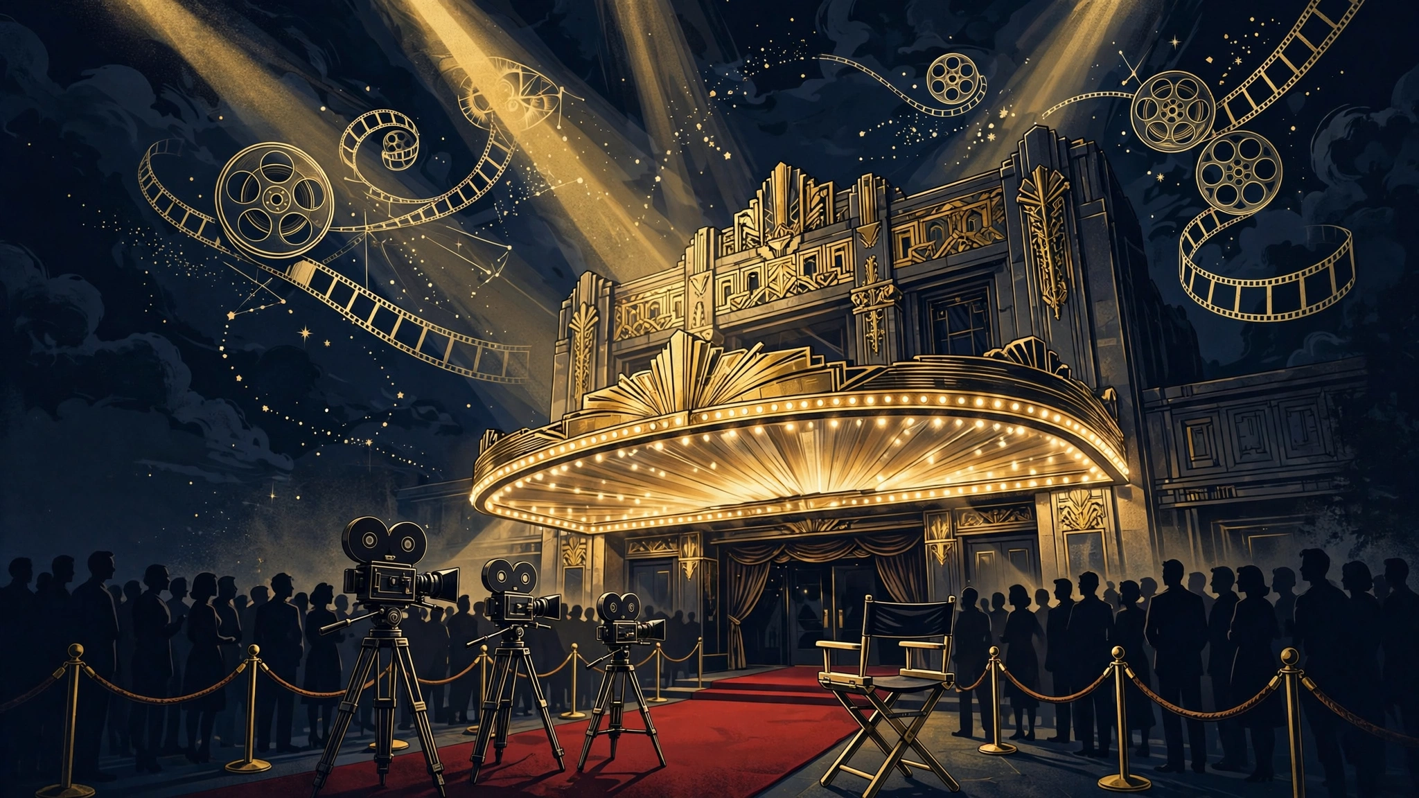 Illustrated film set scene in navy and gold showing a vintage cinema premiere with cameras, a director's chair, and a red-carpet crowd under spotlights