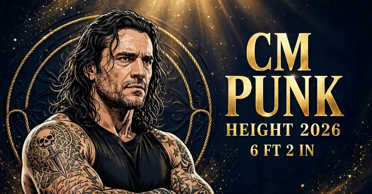 CM Punk height 2026 — billed 6 ft 2 in vs measured 6 ft 1 in, illustrated infographic