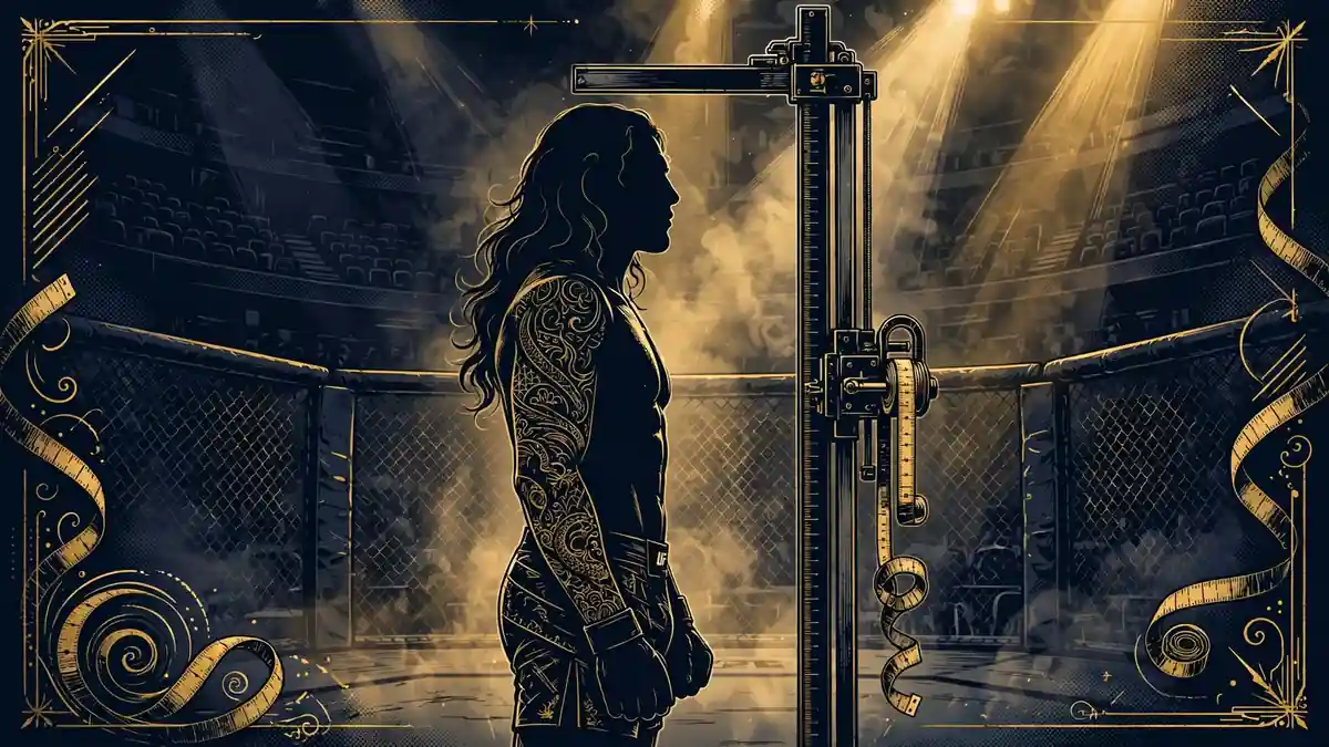 Illustrated scene of a long-haired tattooed MMA fighter being measured for height against an official stadiometer inside an octagon, tying to CM Punk's UFC measured stats