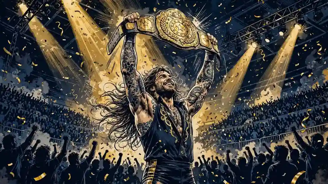 Illustrated scene of a long-haired tattooed wrestler raising a gold championship belt above his head in a packed arena, representing CM Punk's championship career