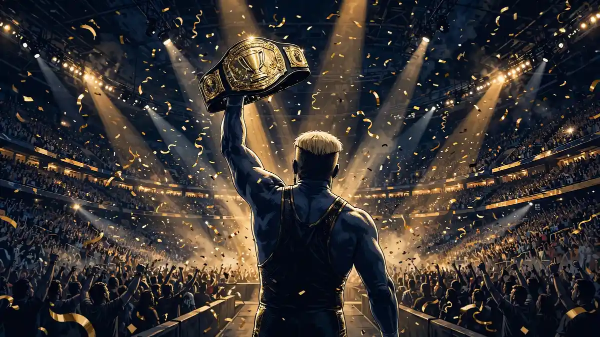 Illustrated wrestler holding a gold championship belt overhead in a packed stadium under golden confetti