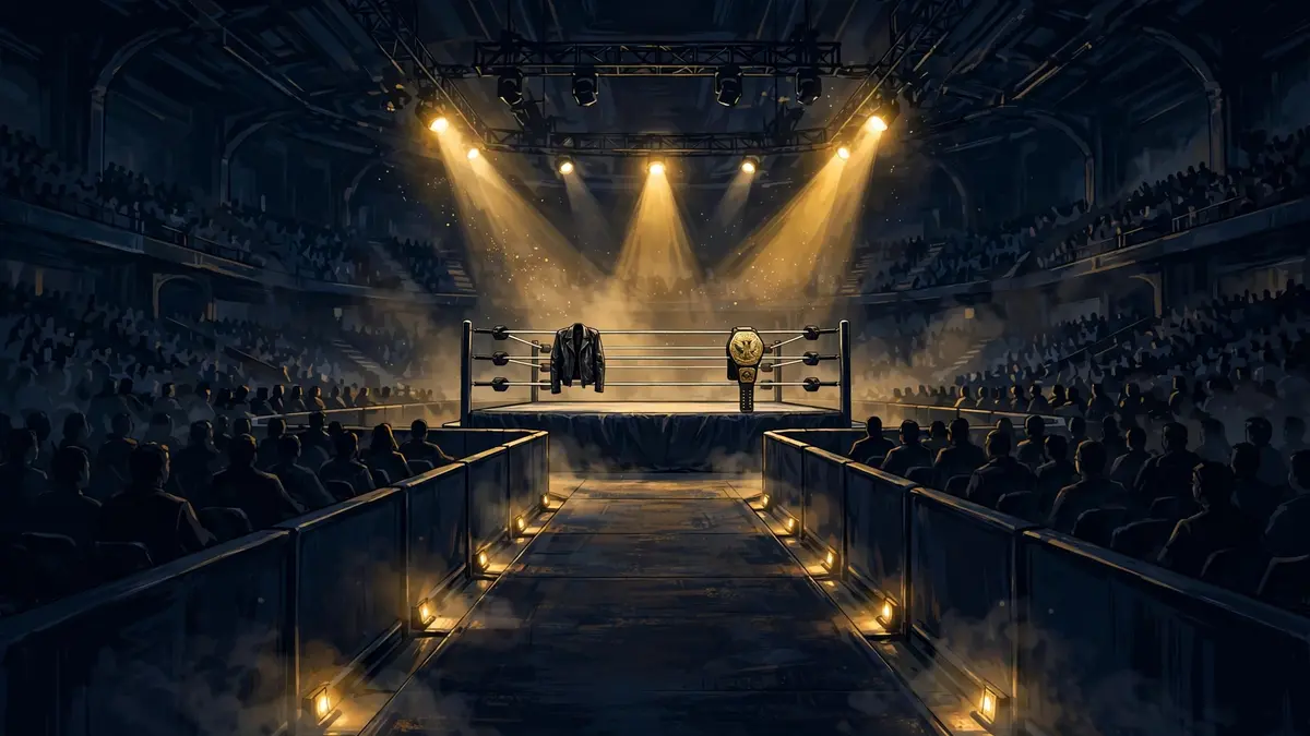 Illustrated empty wrestling ring under gold spotlights in a dark arena, with a leather jacket and championship belt draped over the ropes