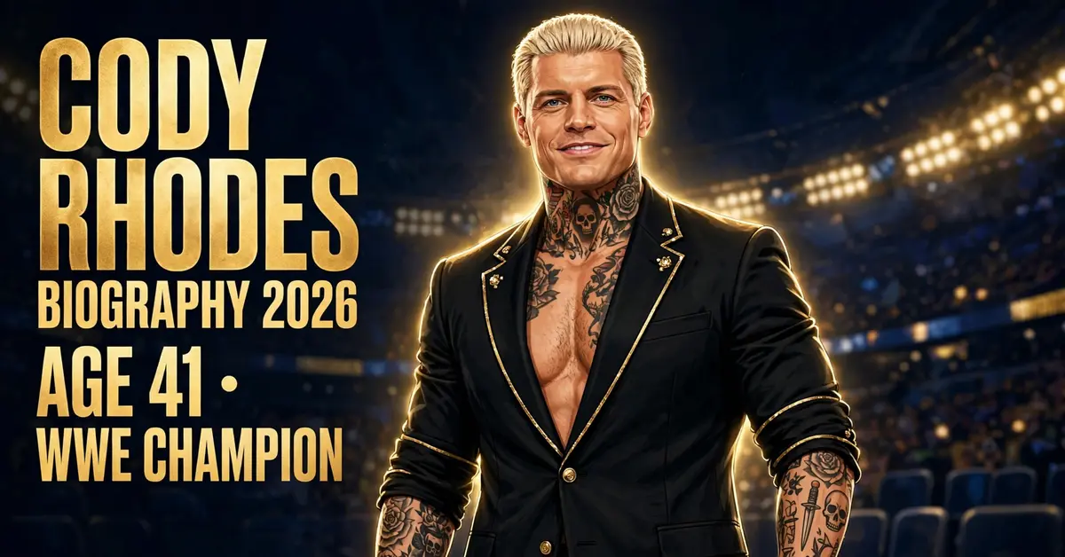 Cody Rhodes biography 2026 — stylized illustrated portrait of the WWE champion, age 41, with CODY RHODES BIOGRAPHY 2026 text