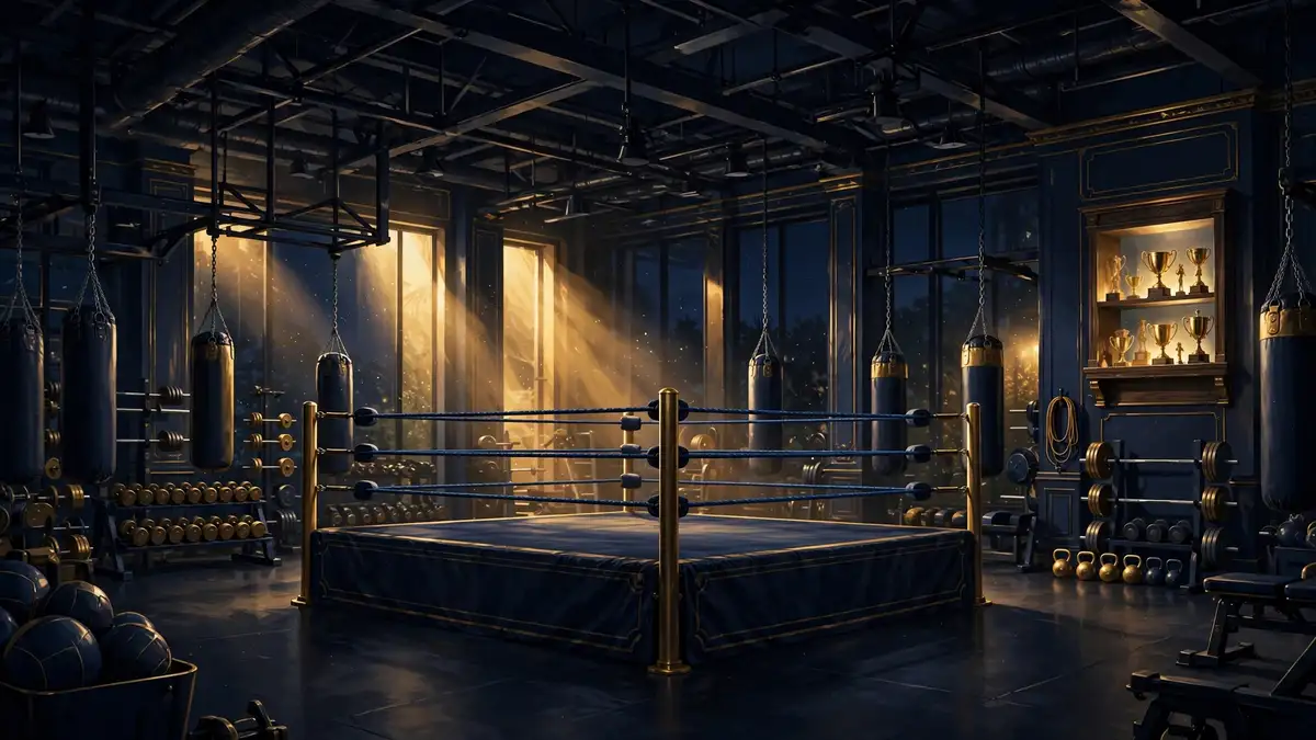 A professional wrestling training school at night with golden light — the Nightmare Factory, Cody Rhodes' Atlanta wrestling academy