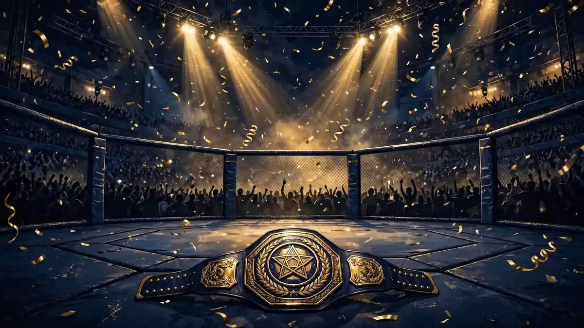 Illustrated UFC octagon arena at night with a championship belt on the canvas, capturing Conor McGregor's double-champ era