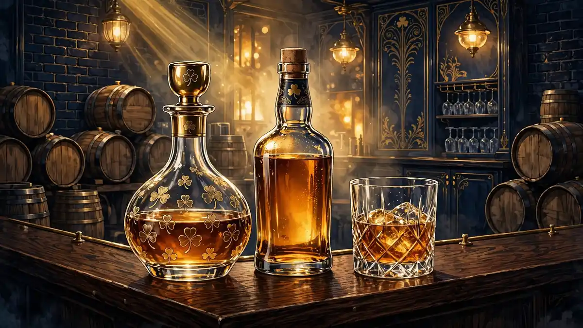 Illustrated Irish whiskey bar scene with amber bottle and tumbler, representing Conor McGregor's Proper No. Twelve business era