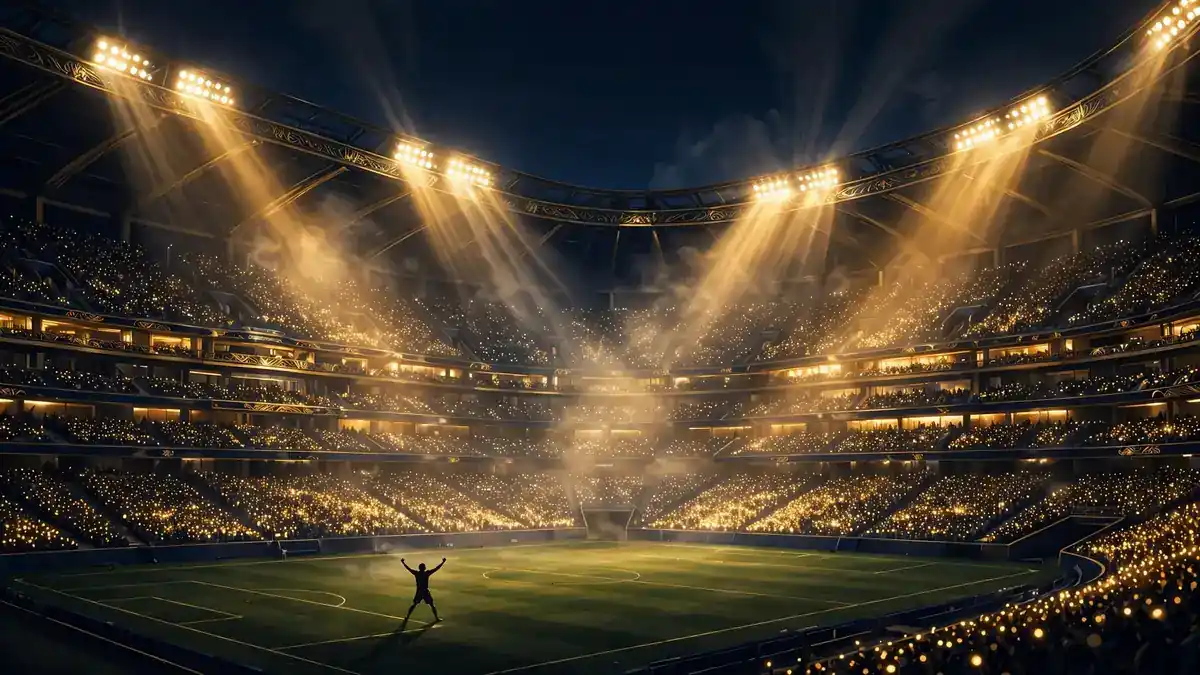 Night football stadium with golden floodlights — the Al Nassr era that made Ronaldo a billionaire