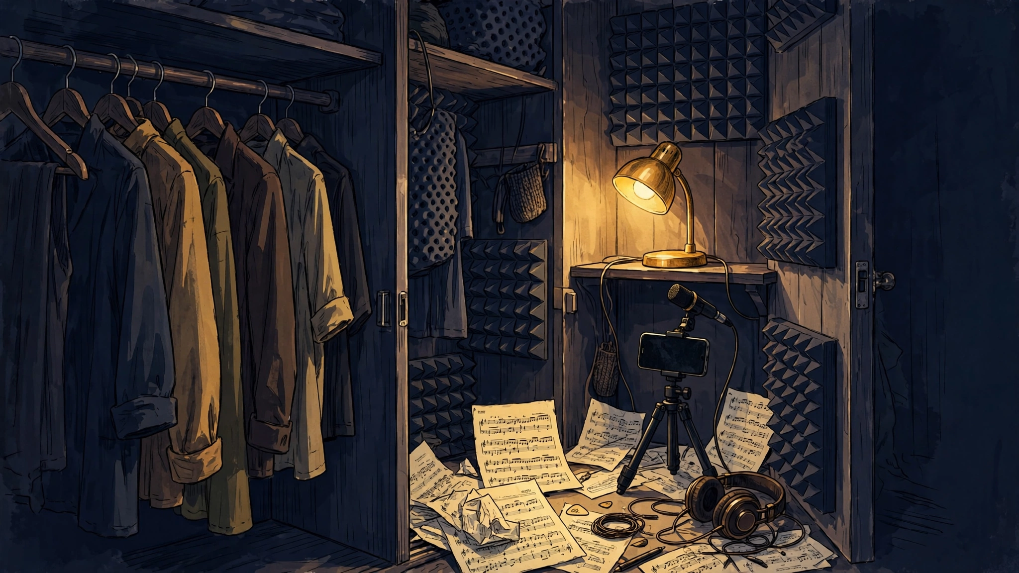 Illustrated bedroom closet recording setup with smartphone and microphone, navy and gold tones, showing a young artist's DIY music beginnings