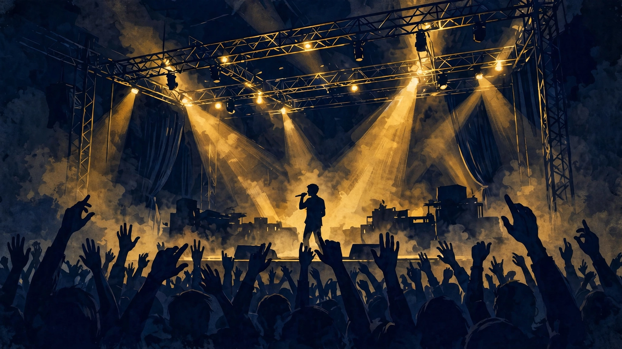 Illustrated concert stage scene with a young singer performing before a large crowd, gold and navy tones