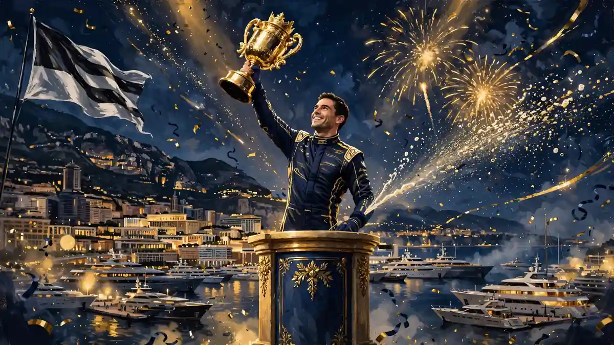 Illustrated Monaco Grand Prix night podium celebration tied to Daniel Ricciardo's 2018 Monaco win