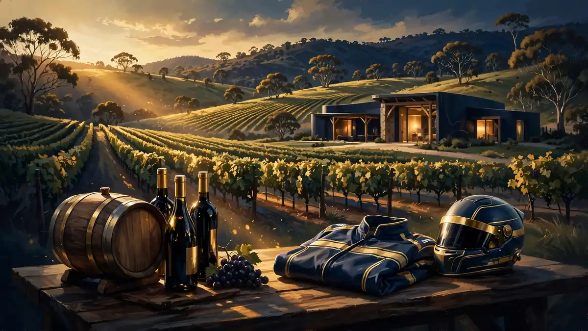 Illustrated vineyard, wine bottles and racing-inspired clothing representing Daniel Ricciardo's DR3 and Enchante businesses