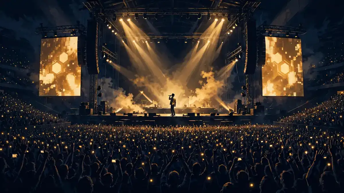 Sold-out arena concert at night with a singer in a gold jacket under golden spotlights before a sea of raised hands