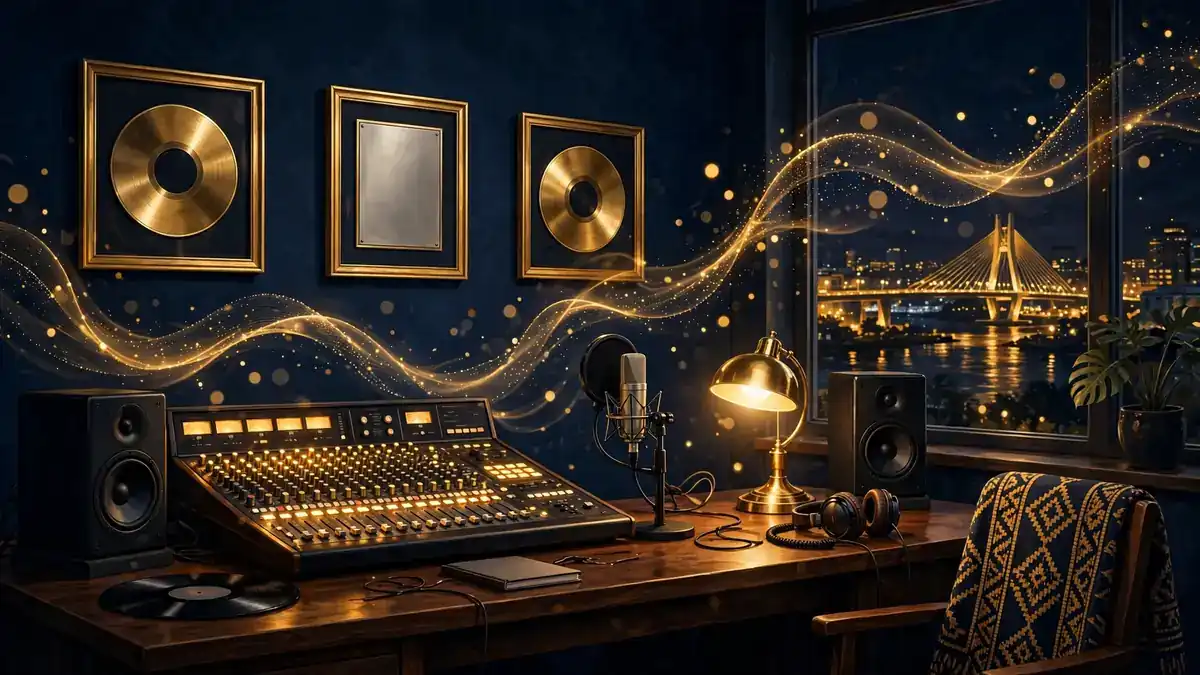 Lagos music studio at night with a mixing console, monitors, and gold records on the wall — the DMW-era production room