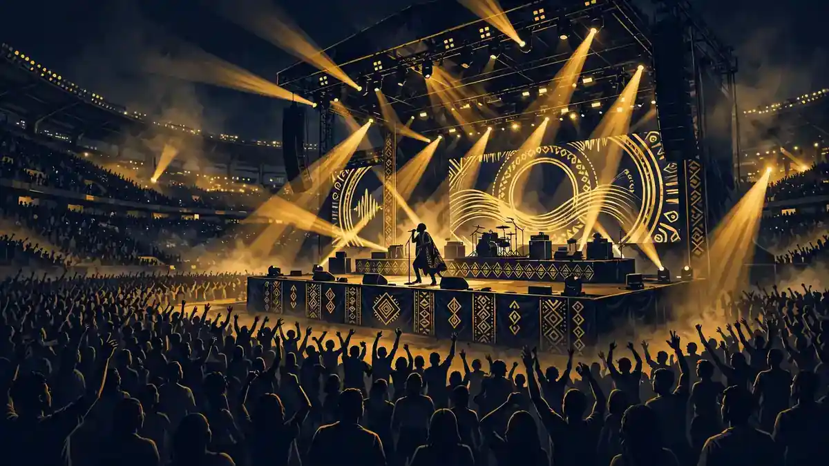 Illustrated night stadium concert with golden stage lights evoking Davido's 5IVE Alive world tour
