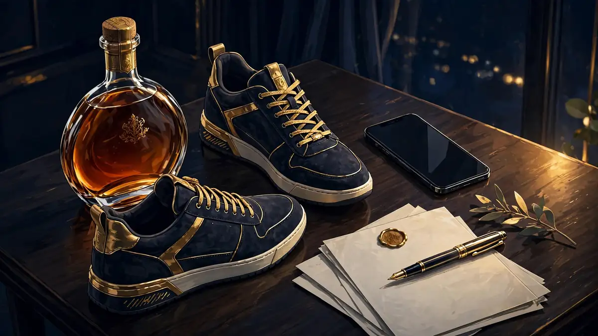 Illustrated luxury brand desk with cognac bottle, sneakers, smartphone and contracts evoking Davido's endorsement empire