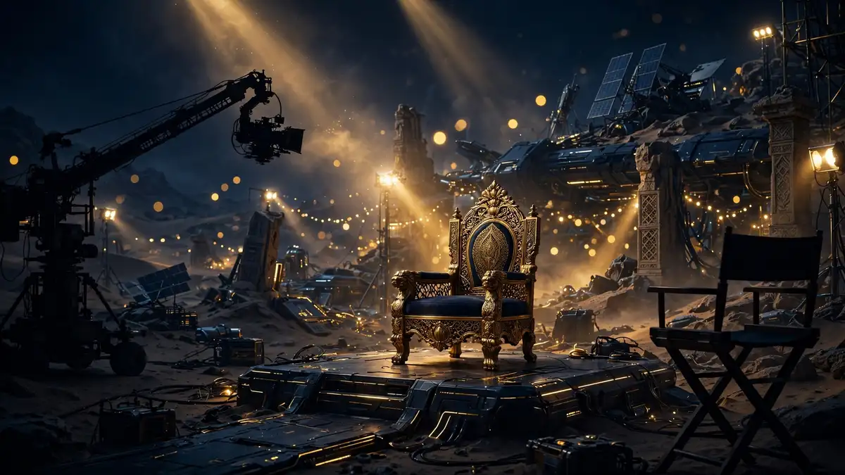 Night film set of a sci-fi epic with camera crane and an empty golden throne, tied to Deepika Padukone's Kalki 2898 AD sequel exit