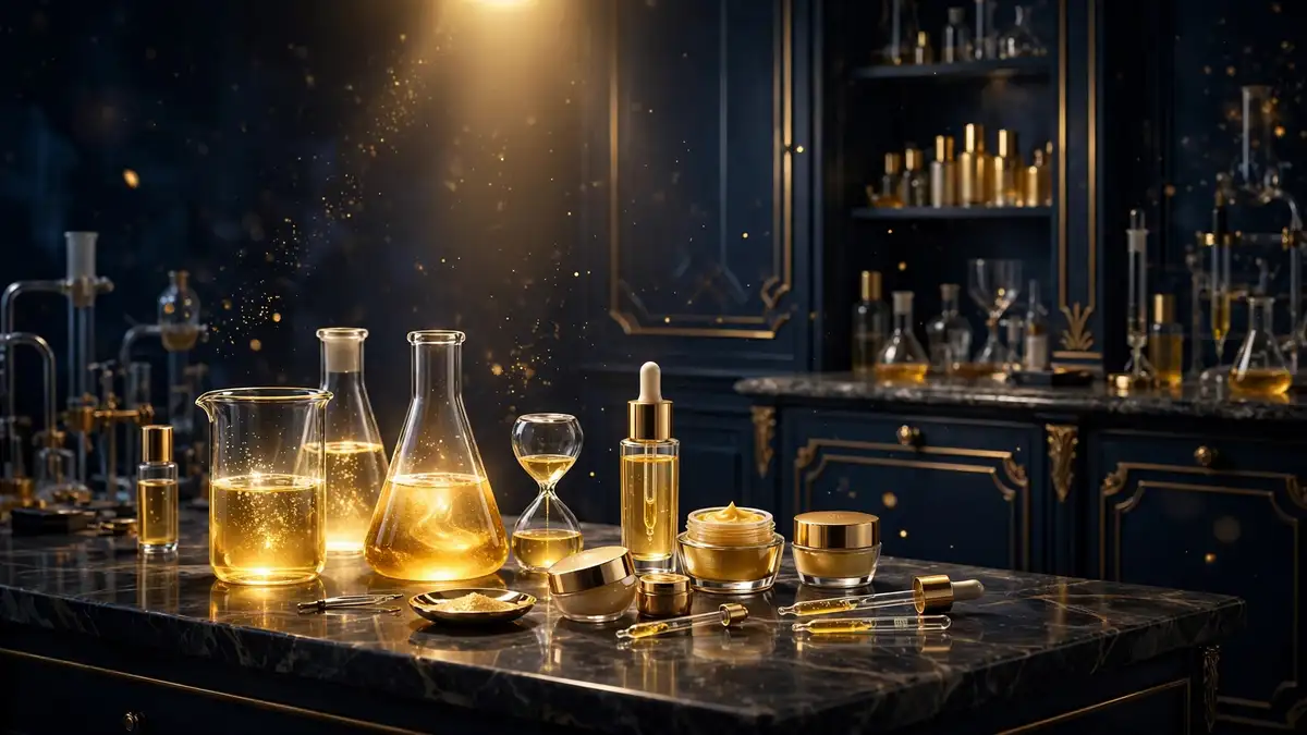 Luxury skincare laboratory with gold-capped bottles on dark marble, tied to Deepika Padukone's 82°E beauty brand