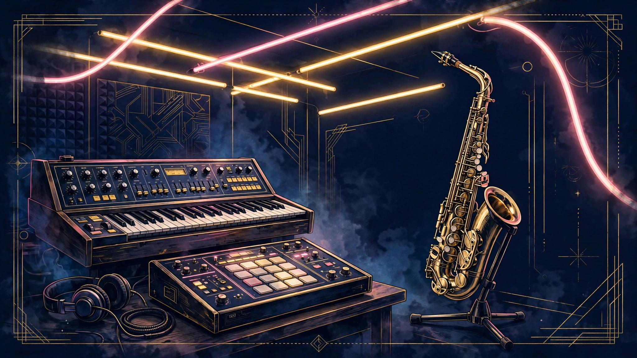 Neon-lit 1980s-inspired pop studio scene with synthesizers and saxophone, evoking Doja Cat's Vie album era