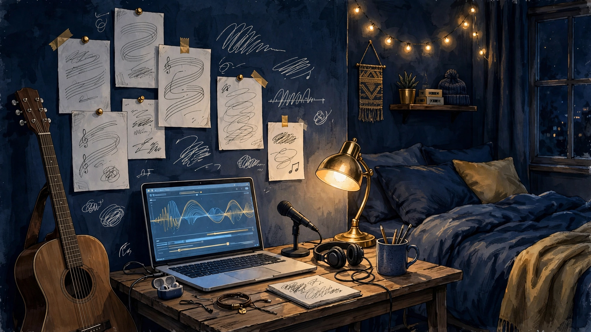 Bedroom music studio with laptop and microphone in warm light, evoking Doja Cat's SoundCloud beginnings as a teenager