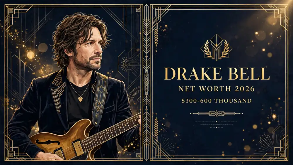 Drake Bell net worth 2026 — estimated $300,000 to $600,000 fortune infographic