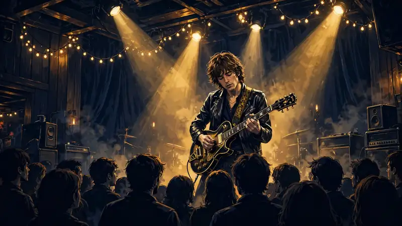 Illustrated guitarist in a leather jacket performing on a crowded concert stage under warm spotlights — Drake Bell's 2026 touring income