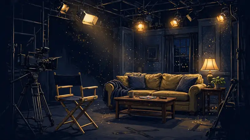Illustrated empty sitcom living-room set with a director's chair and studio cameras under warm stage lights — the Drake & Josh era that earns Bell no residuals