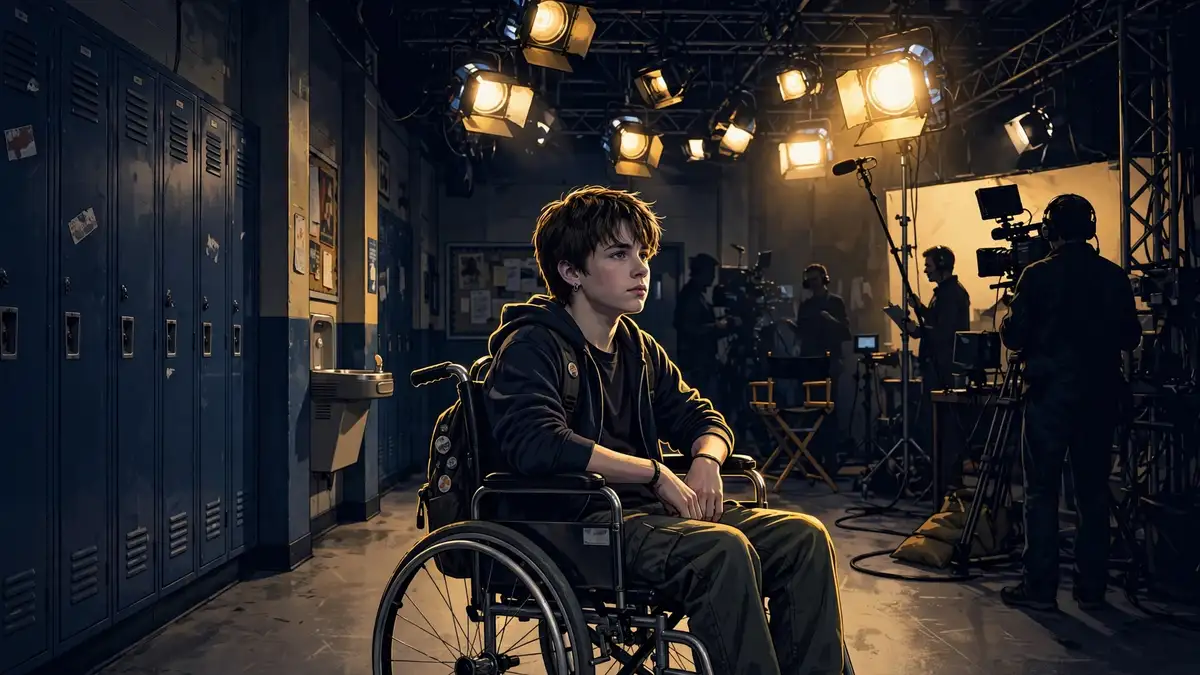 Illustrated early-2000s Canadian teen-drama TV set with a young actor in a wheelchair on a school hallway set