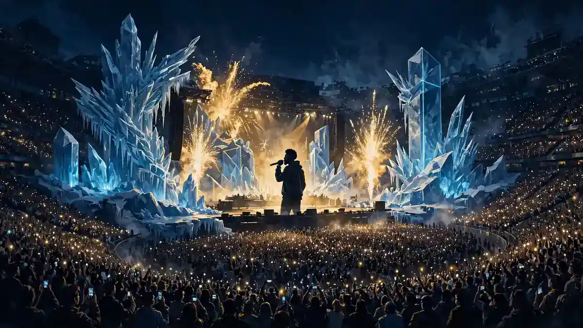 Illustration of Drake performing on an ice-themed stadium stage during his 2026 ICEMAN era, with a packed arena crowd
