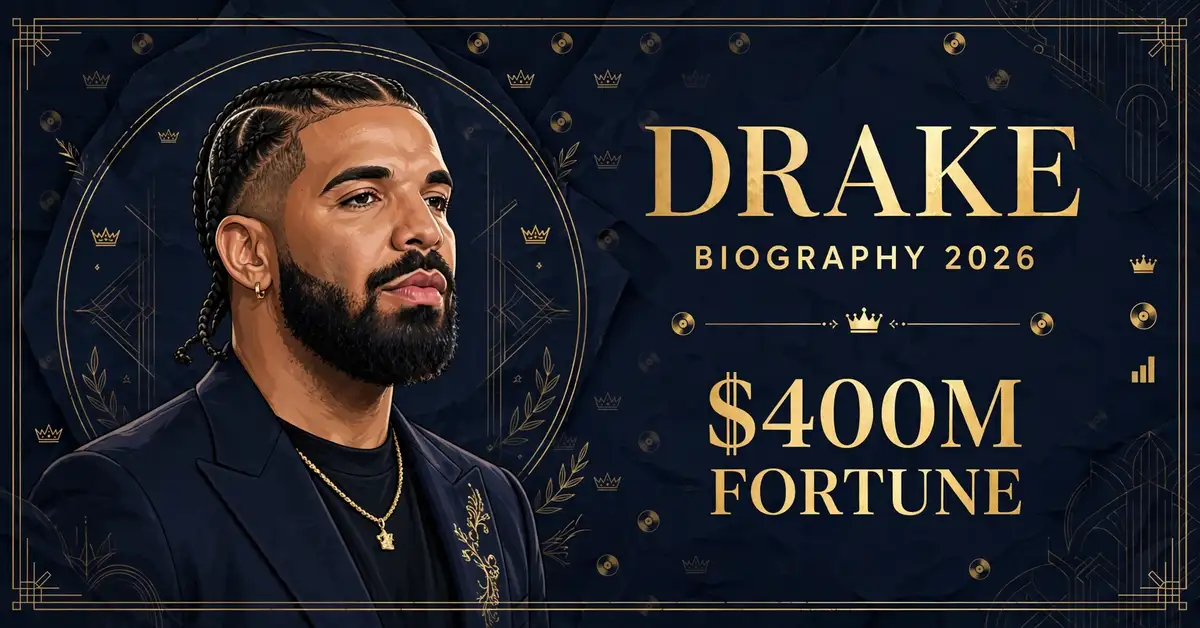 Drake biography 2026 — illustrated portrait with $400M fortune graphic