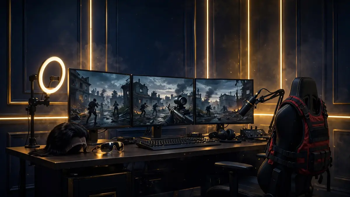 Illustrated streaming-studio scene in dark navy and gold, evoking Dr DisRespect's Rumble-era broadcast setup