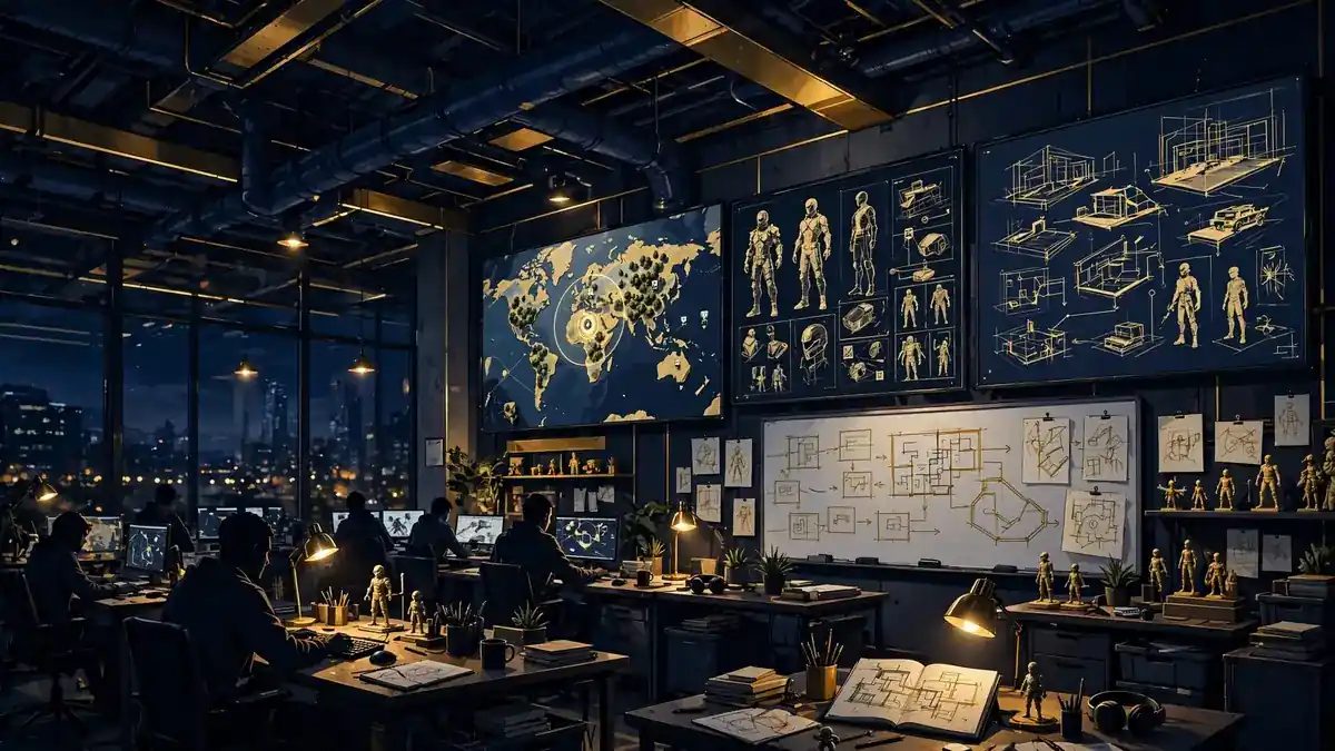 Illustrated game-studio concept-art scene in dark navy and gold, evoking the Midnight Society game development era
